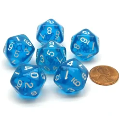 Dice>Translucent 18mm 20-Sided D10 Dice Numbered 0-9 Twice, 6 Pieces - Blue - Your Source for Gaming Essentials
