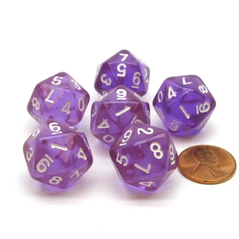 Dice>Translucent 18mm 20-Sided D10 Dice Numbered 0-9 Twice, 6 Pieces- Purple - Your Source for Gaming Essentials