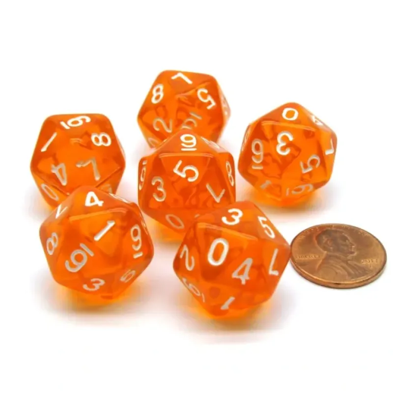 Dice>Translucent 18mm 20-Sided D10 Dice Numbered 0-9 Twice, 6 Pieces- Orange - Your Source for Gaming Essentials