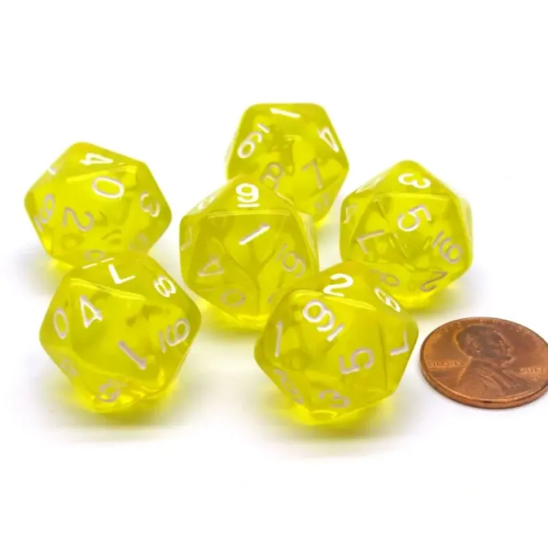Dice>Translucent 18mm 20-Sided D10 Dice Numbered 0-9 Twice, 6 Pieces- Yellow - Your Source for Gaming Essentials