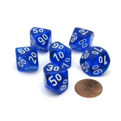 Dice>Translucent 16mm Tens D10 (00-90) Dice, 6 Pieces - Blue with White Numbers - Your Source for Gaming Essentials