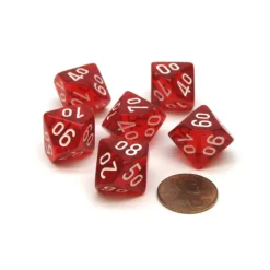 Dice>Translucent 16mm Tens D10 (00-90) Dice, 6 Pieces - Red with White Numbers - Your Source for Gaming Essentials