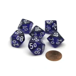 Dice>Translucent 16mm Tens D10 (00-90) Dice, 6 Pieces - Purple with White Numbers - Your Source for Gaming Essentials