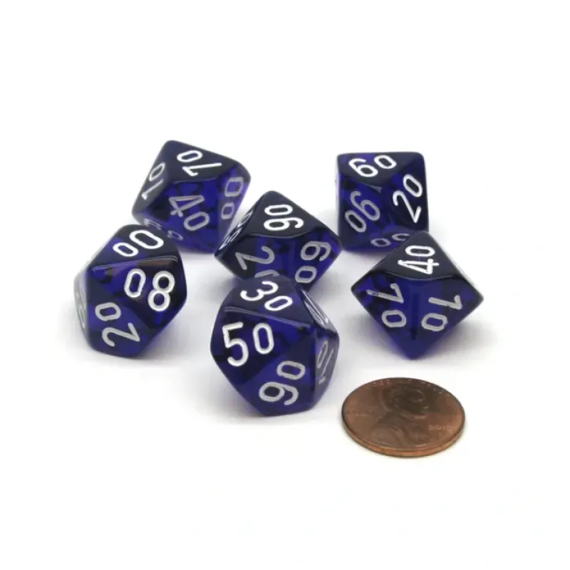 Dice>Translucent 16mm Tens D10 (00-90) Dice, 6 Pieces - Purple with White Numbers - Your Source for Gaming Essentials