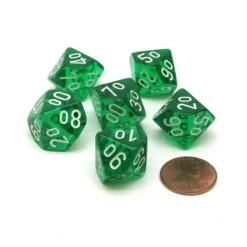 Dice>Translucent 16mm Tens D10 (00-90) Dice, 6 Pieces - Green with White Numbers - Your Source for Gaming Essentials
