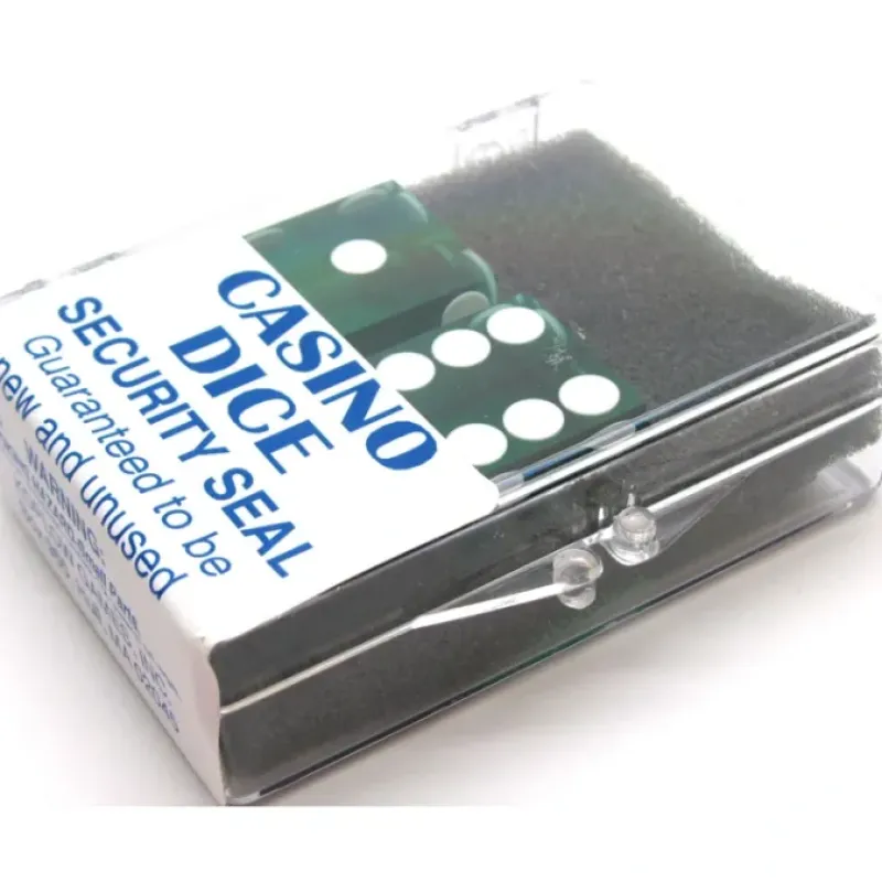 Dice>Transparent Precision Casino 3/4" Dice, 2 Pieces in Case - Green with White Pips - Your Source for Gaming Essentials