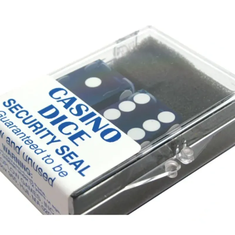 Dice>Transparent Precision Casino 3/4" Dice, 2 Pieces in Case - Blue with White Pips - Your Source for Gaming Essentials