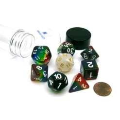 Dice>Tube of 7 Polyhedral RPG Sirius Dice with Bonus D20 - Rainbow Translucent Resin - Your Source for Gaming Essentials