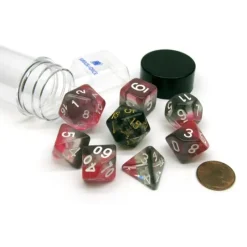 Dice>Tube of 7 Polyhedral RPG Sirius Dice with Bonus D20 - Pink, Clear, Black Resin - Your Source for Gaming Essentials