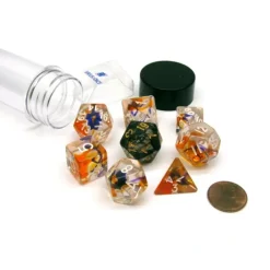 Dice>Tube of 7 Polyhedral RPG Sirius Dice with Bonus D20 - Purple, Orange Clear - Your Source for Gaming Essentials