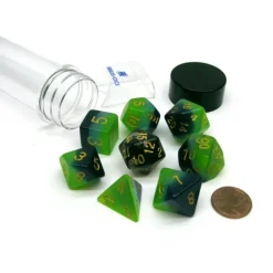 Dice>Tube of 7 Polyhedral RPG Sirius Dice with Bonus D20 - Green, Blue Translucent - Your Source for Gaming Essentials