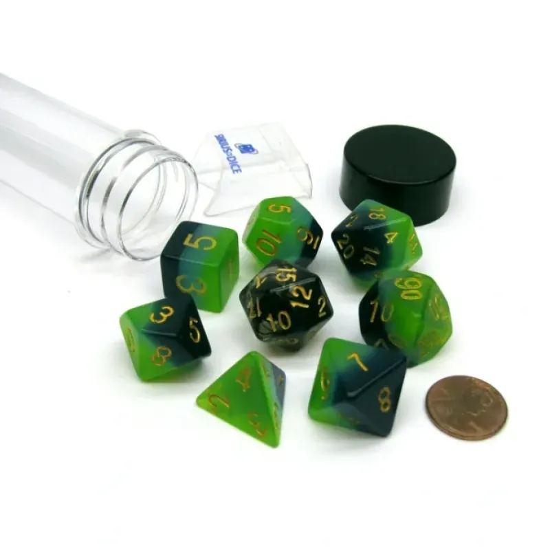 Dice>Tube of 7 Polyhedral RPG Sirius Dice with Bonus D20 - Green, Blue Translucent - Your Source for Gaming Essentials