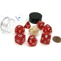 Dice>Tube of 7 Polyhedral RPG Sirius Dice with Bonus D20 - Translucent Red Resin - Your Source for Gaming Essentials