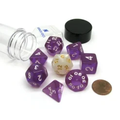 Dice>Tube of 7 Polyhedral RPG Sirius Dice with Bonus D20 - Translucent Purple Resin - Your Source for Gaming Essentials