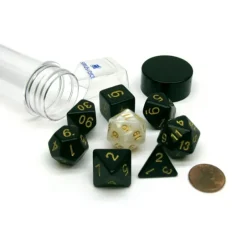 Dice>Tube of 7 Polyhedral RPG Sirius Dice with Bonus D20 - Solid Black, Gold Ink - Your Source for Gaming Essentials