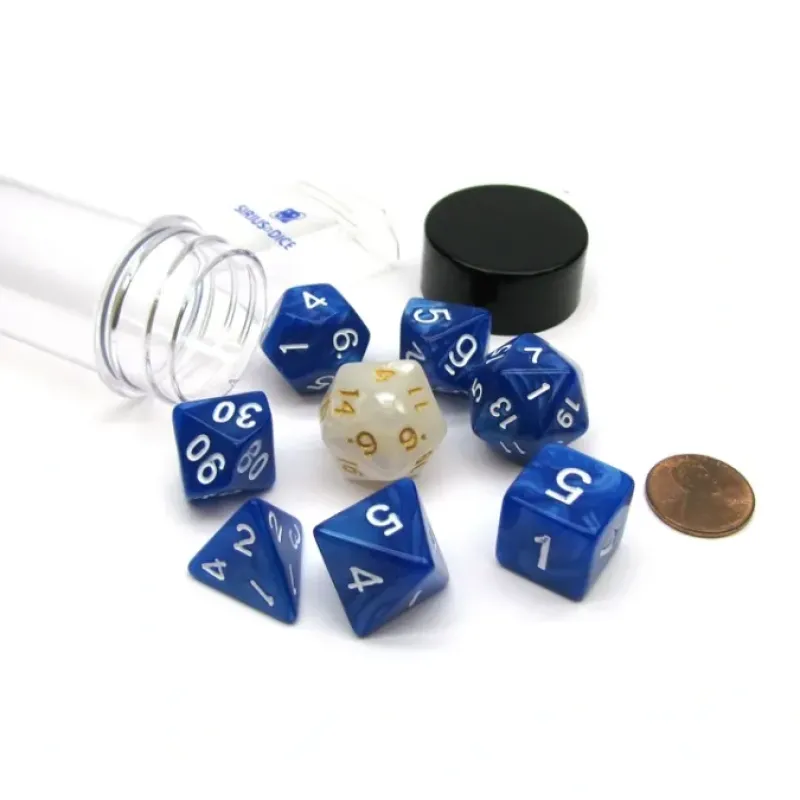 Dice>Tube of 7 Polyhedral RPG Sirius Dice with Bonus D20 - Pearl Blue Acrylic - Your Source for Gaming Essentials