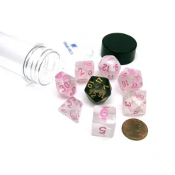 Dice>Tube of 7 Polyhedral RPG Sirius Dice with Bonus D20 - White Cloud, Pink Ink - Your Source for Gaming Essentials