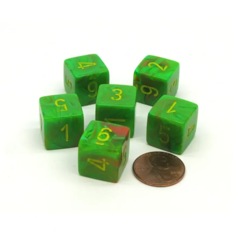 Dice>Vortex 15mm 6 Sided D6 Chessex Dice, 6 Pieces - Slime with Yellow Numbers - Your Source for Gaming Essentials
