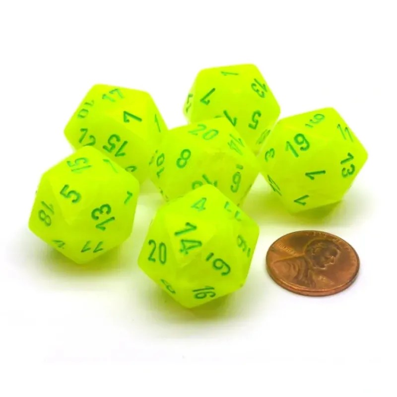 Dice>Vortex 20mm 20 Sided D20 Chessex Dice, 6 Pieces - Electric Yellow with Green - Your Source for Gaming Essentials