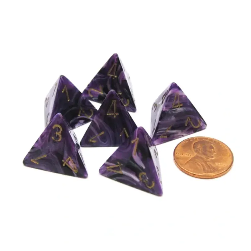 Dice>Vortex 18mm 4 Sided D4 Chessex Dice, 6 Pieces - Purple with Gold - Your Source for Gaming Essentials