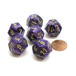 Dice>Vortex 18mm 12 Sided D12 Chessex Dice, 6 Pieces - Purple with Gold - Your Source for Gaming Essentials