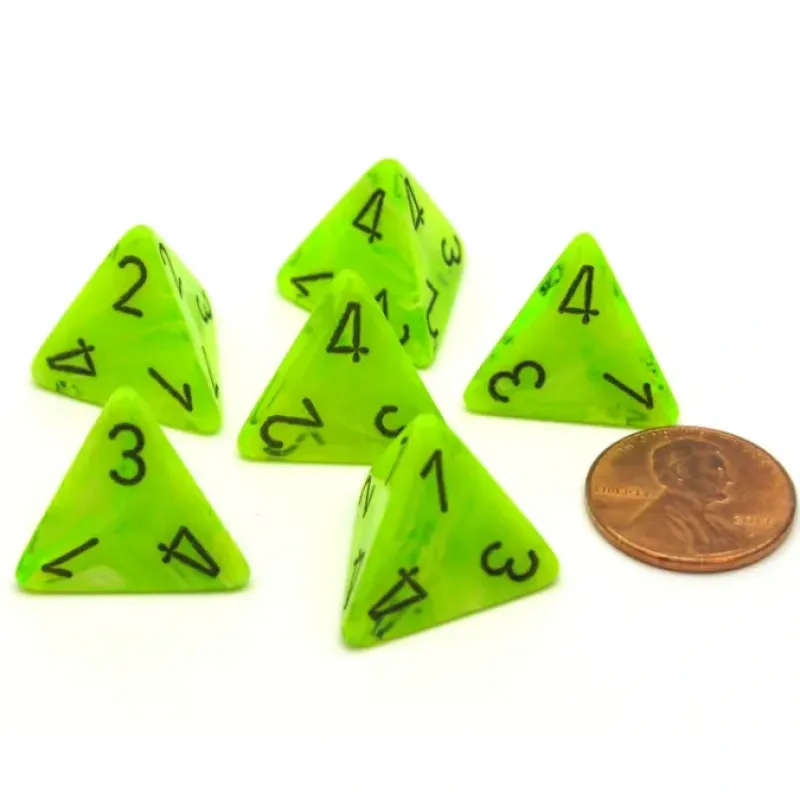 Dice>Vortex 18mm 4 Sided D4 Chessex Dice, 6 Pieces - Bright Green with Black - Your Source for Gaming Essentials