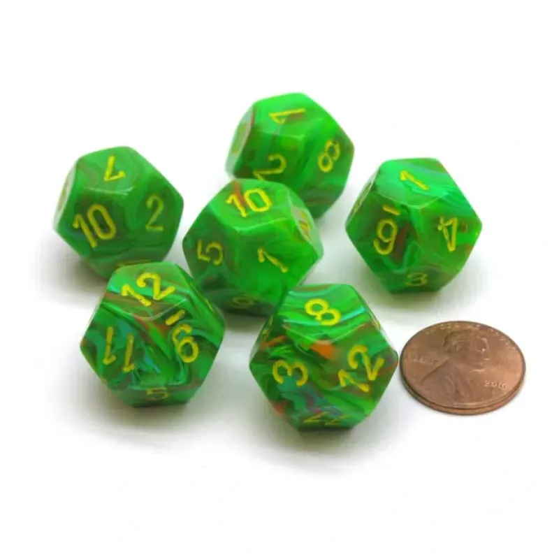 Dice>Vortex 18mm 12 Sided D12 Chessex Dice, 6 Pieces - Slime with Yellow - Your Source for Gaming Essentials