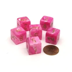 Dice>Vortex 15mm 6 Sided D6 Polyhedral Dice, 6 Pieces - Pink with Gold Numbers - Your Source for Gaming Essentials