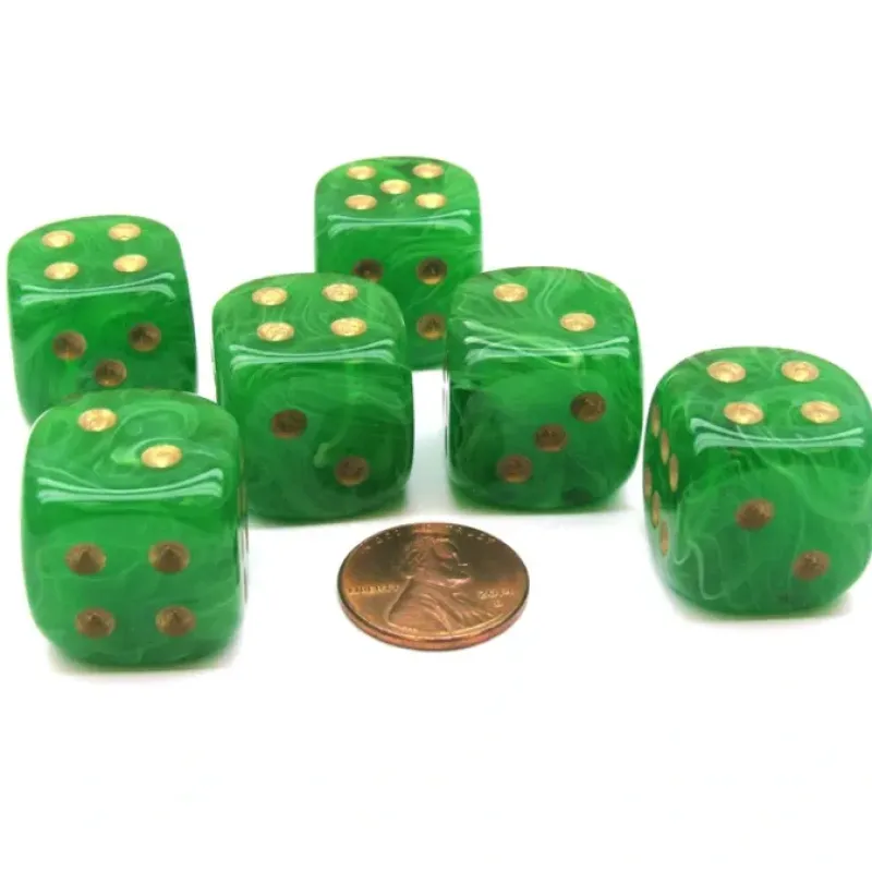 Dice>Vortex 20mm Big D6 Chessex Dice, 6 Pieces - Green with Gold Pips - Your Source for Gaming Essentials