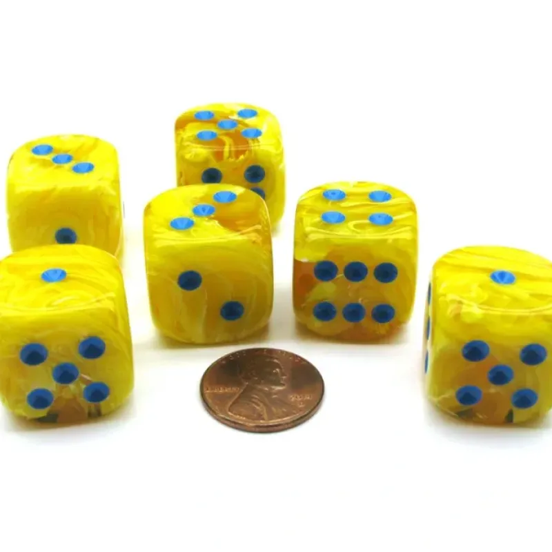Dice>Vortex 20mm Big D6 Chessex Dice, 6 Pieces - Yellow with Blue Pips - Your Source for Gaming Essentials