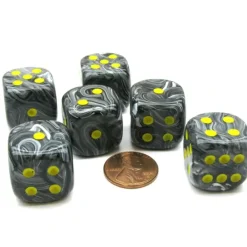 Dice>Vortex 20mm Big D6 Chessex Dice, 6 Pieces - Black with Yellow Pips - Your Source for Gaming Essentials