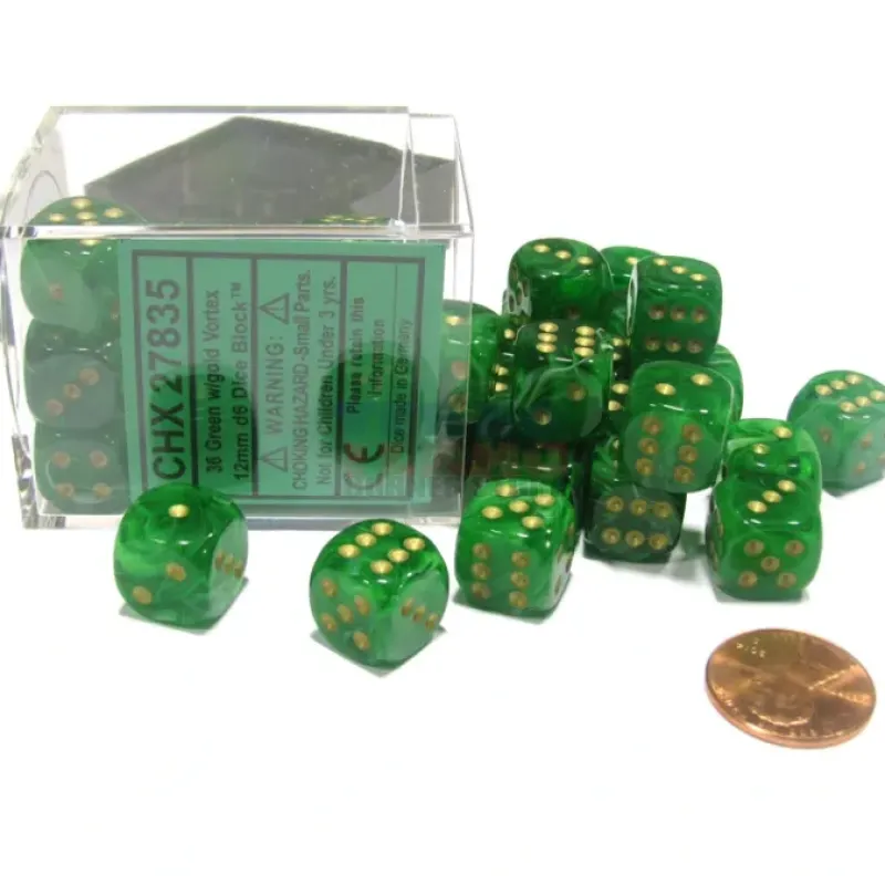 Dice>Vortex 12mm D6 Chessex Dice Block (36 Dice) - Green with Gold Pips - Your Source for Gaming Essentials