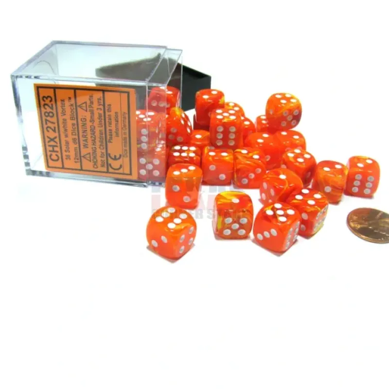 Dice>Vortex 12mm D6 Chessex Dice Block (36 Dice) - Solar with White Pips - Your Source for Gaming Essentials