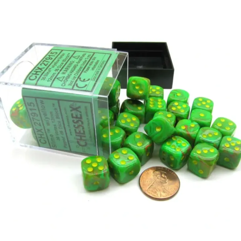 Dice>Vortex 12mm D6 Chessex Dice Block (36 Dice) - Slime with Yellow Pips - Your Source for Gaming Essentials