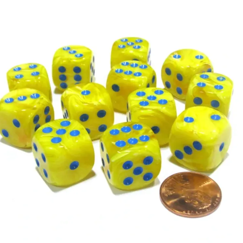 Dice>Vortex 16mm D6 Chessex Dice Block (12 Dice) - Yellow with Blue Pips - Your Source for Gaming Essentials