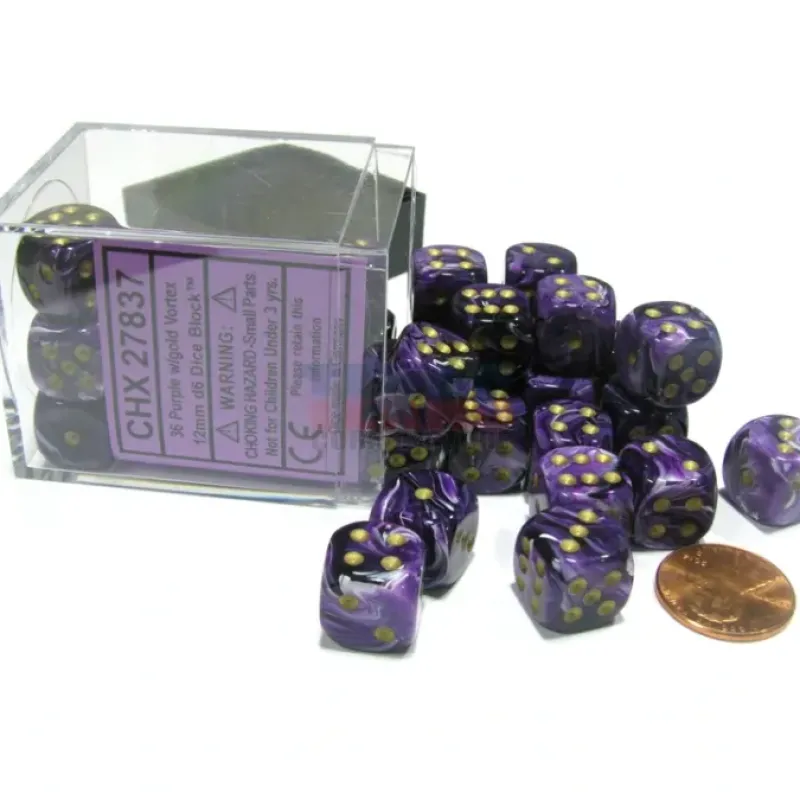 Dice>Vortex 12mm D6 Chessex Dice Block (36 Dice) - Purple with Gold Pips - Your Source for Gaming Essentials