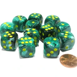 Dice>Vortex 16mm D6 Chessex Dice Block (12 Dice) - Malachite Green with Yellow - Your Source for Gaming Essentials