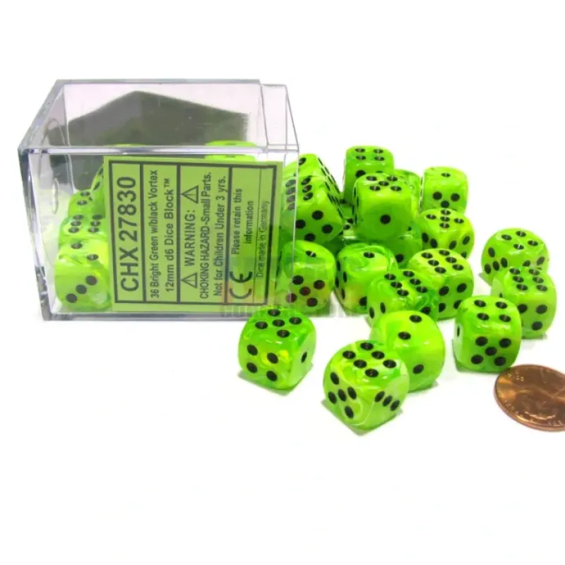 Dice>Vortex 12mm D6 Chessex Dice Block (36 Dice) - Bright Green with Black Pips - Your Source for Gaming Essentials