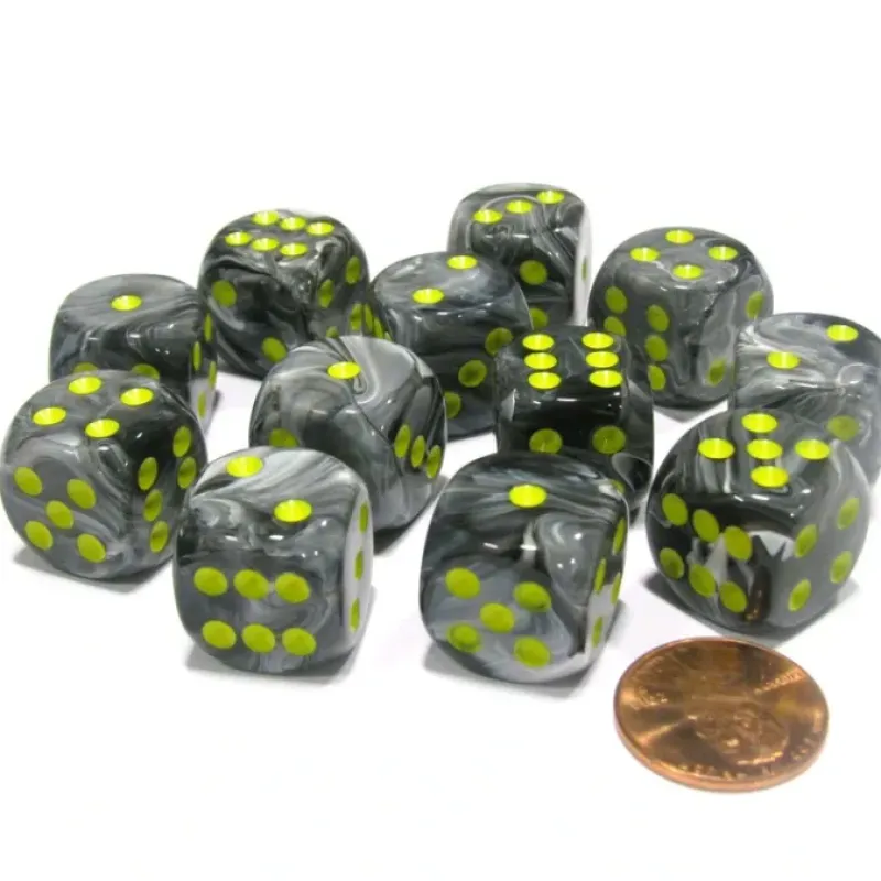 Dice>Vortex 16mm D6 Chessex Dice Block (12 Dice) - Black with Yellow Pips - Your Source for Gaming Essentials