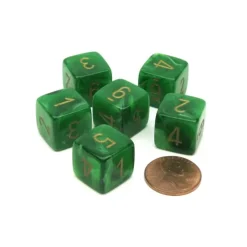 Dice>Vortex 15mm D6 Polyhedral Chessex Dice, 6 Pieces - Green with Gold Numbers - Your Source for Gaming Essentials