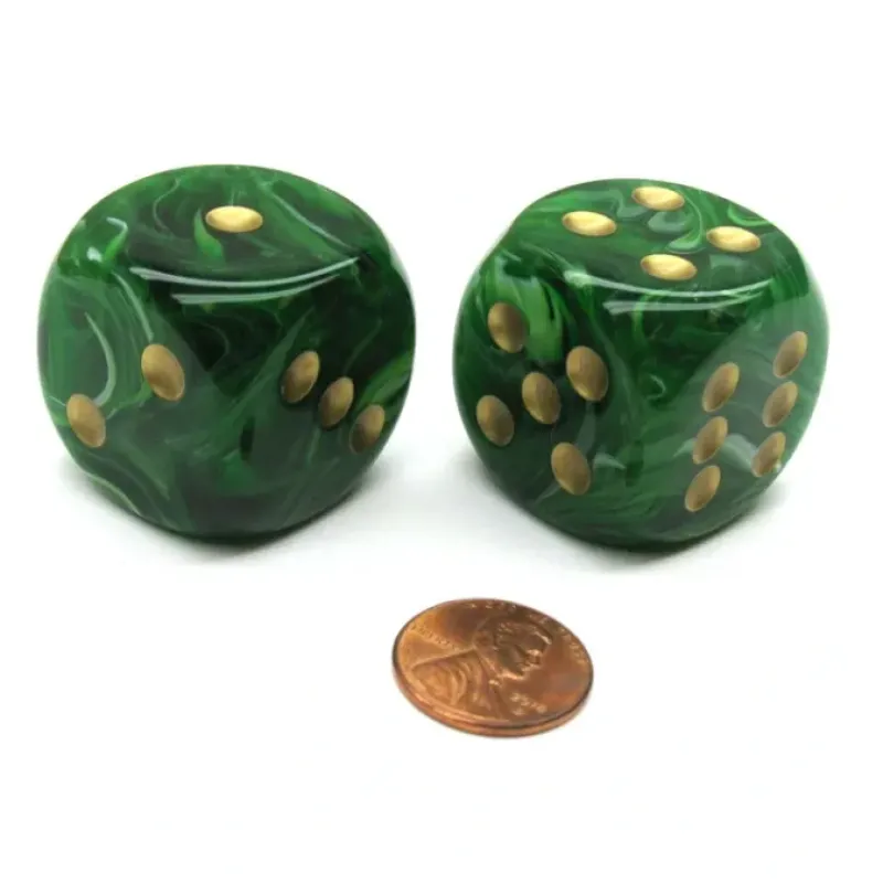 Dice>Vortex 30mm Large D6 Chessex Dice, 2 Pieces - Green with Gold Pips - Your Source for Gaming Essentials