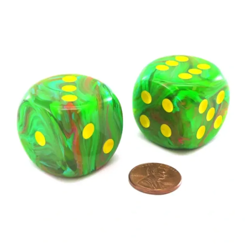 Dice>Vortex 30mm Large D6 Chessex Dice, 2 Pieces - Slime with Yellow Pips - Your Source for Gaming Essentials