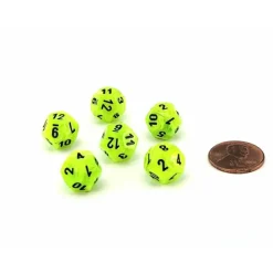 Dice>Vortex 12mm Mini 12 Sided D12 Dice, 6 Pieces - Bright Green with Black Numbers - Your Source for Gaming Essentials