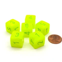 Dice>Vortex 15mm 6-Sided D6 Numbered Dice, 6 Pieces - Electric Yellow with Green - Your Source for Gaming Essentials