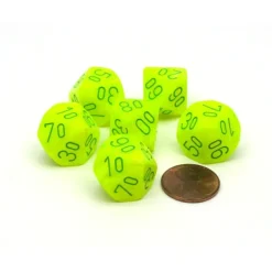 Dice>Vortex 16mm Tens D10 (00-90) Chessex Dice, 6 Pieces - Electric Yellow with Green - Your Source for Gaming Essentials