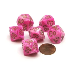 Dice>Vortex 16mm Tens D10 (00-90) Chessex Dice, 6 Pieces - Pink with Gold Numbers - Your Source for Gaming Essentials